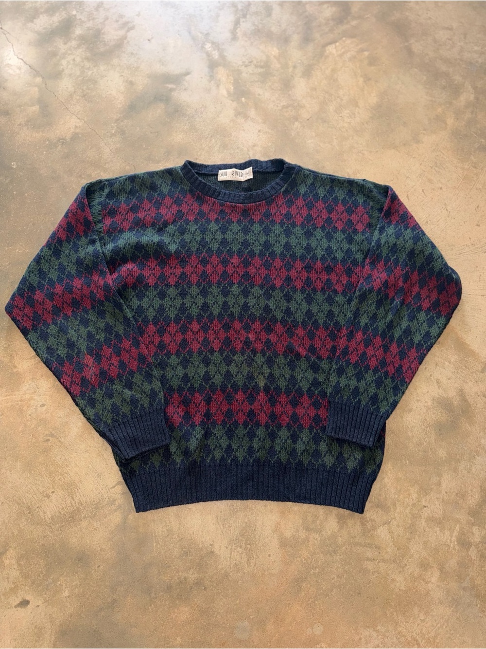Vintage Sun River Argyle Sweater Medium Made in USA Cotton Blend